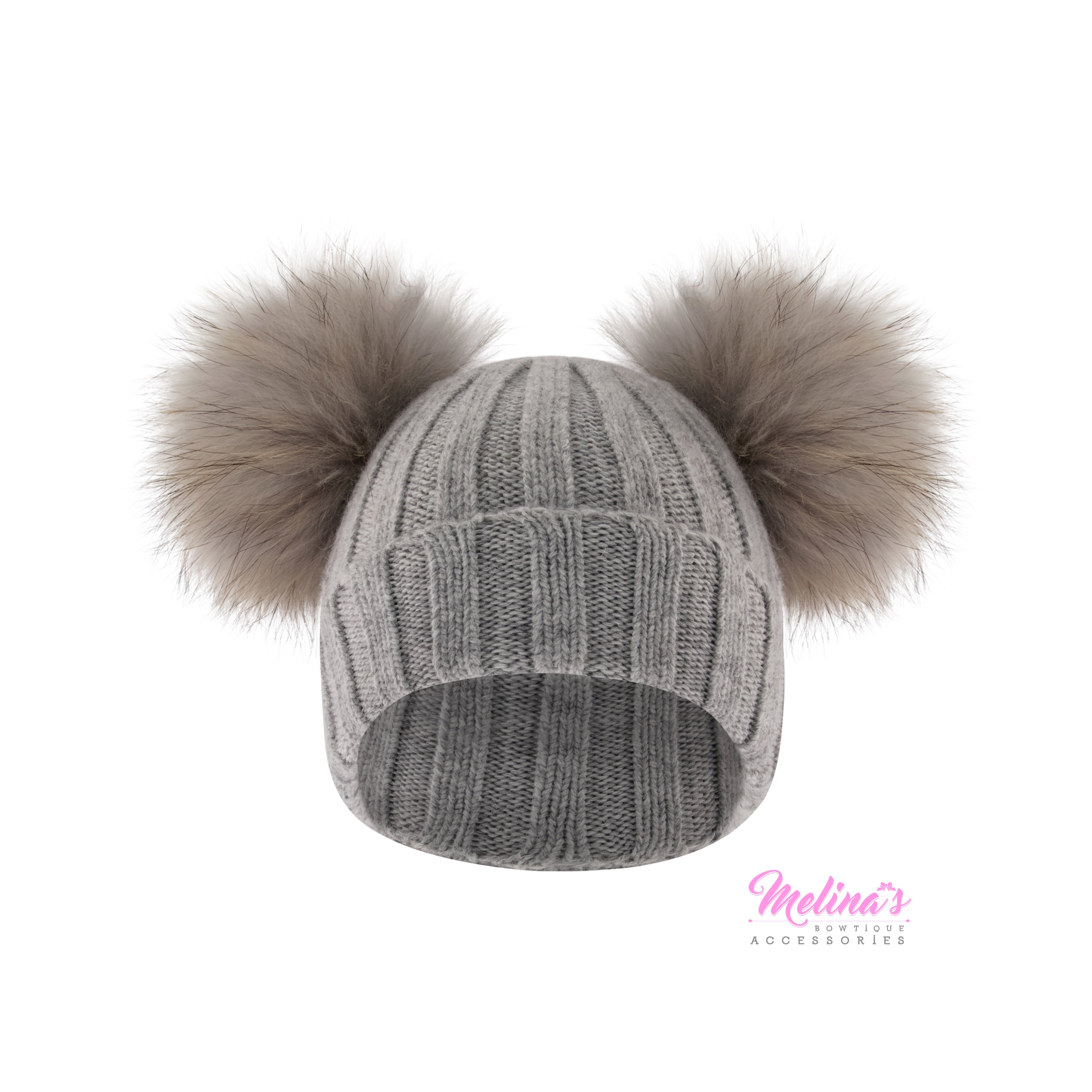 Grey Double Pom Angora Beanie - Main Image