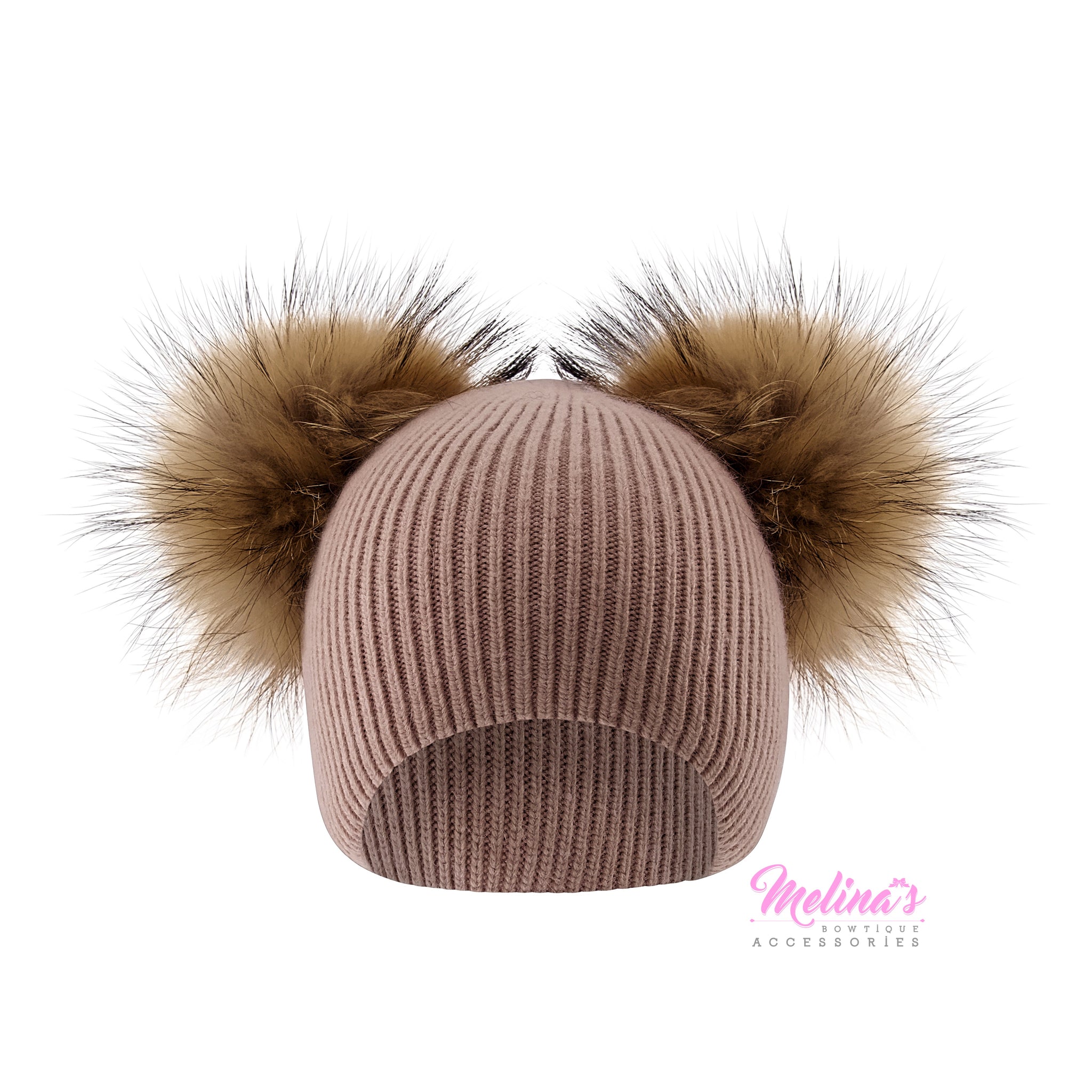 Cappuccino Ribbed Double Pom Angora Beanie