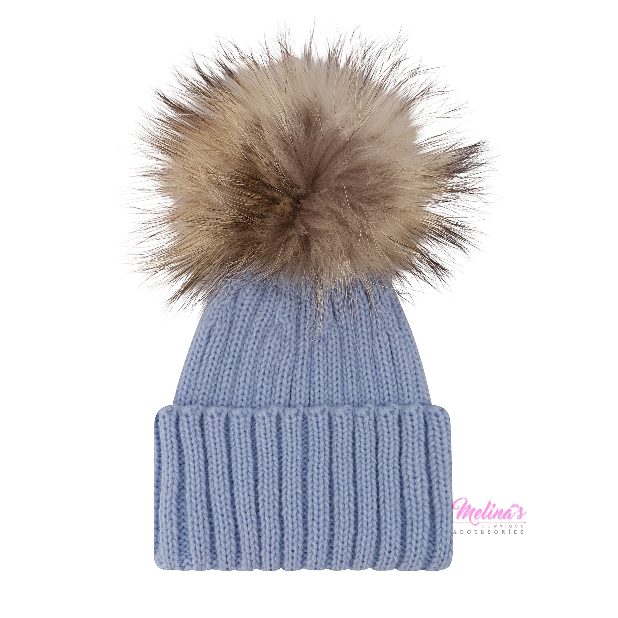 ?Women light Blue Winter Pom Pom Beanie Hat with Warm Fleece Lined XL Baby main image 3