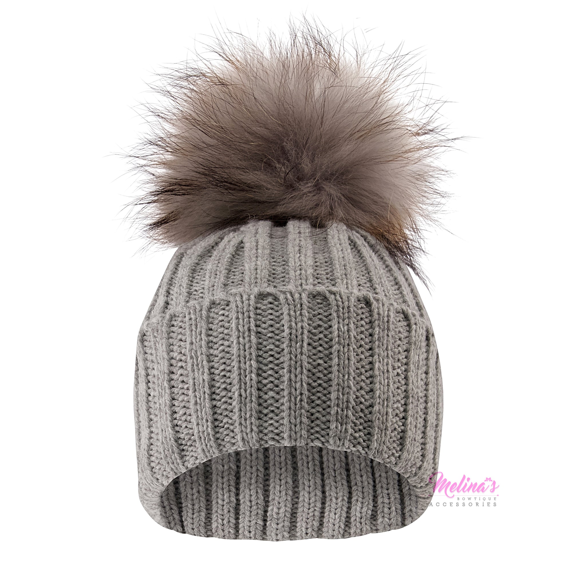 Quince Gray Ribbed Beanie with Faux Fur Pom-Pom Chunky Ribbed Cashmere Hat with Fur Pom – SofiaCashmere main image 4